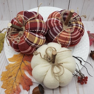 Stuffed Fabric Pumpkin, Fall Autumn Thanksgiving Tiered Tray Home Decor, Table Accent Centerpiece