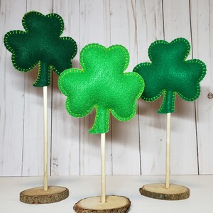 St Patrick's Day Decor, 3 Tall Standing Shamrock Clover Felt Set, Green Clover Ornaments, March Mantel, Shelf, Desk, Home Decor image 5