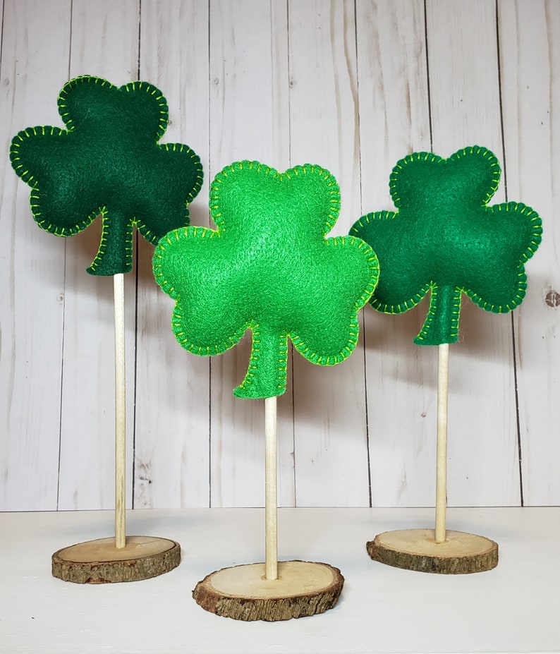 St Patrick's Day Decor, 3 Tall Standing Shamrock Clover Felt Set, Green Clover Ornaments, March Mantel, Shelf, Desk, Home Decor image 5