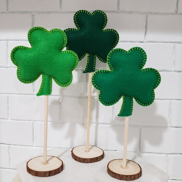 Ready to Ship ~ 3 Tall Standing Shamrock Clover Felt Set, Green Clover Ornaments, Mantel, Shelf, Desk, Home St. Patrick Decor