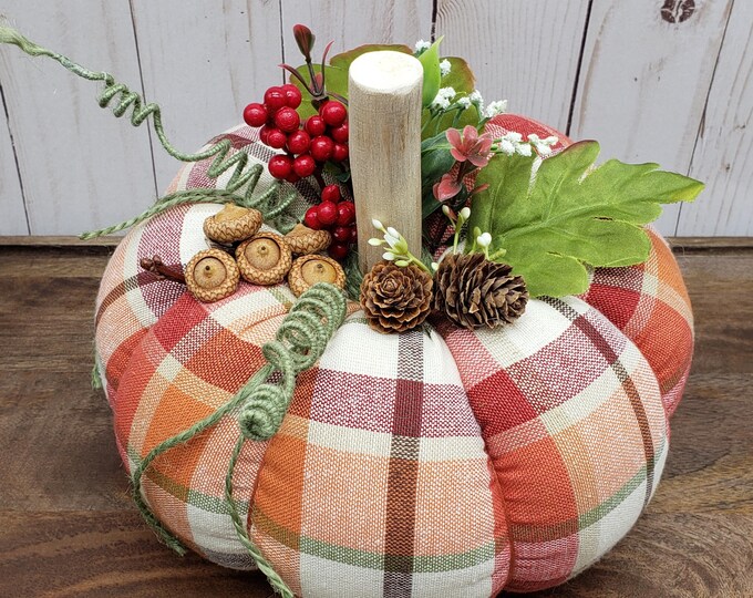 Large Fabric Pumpkin, Plaid Orange Stuffed Cloth Pumpkin With Leaves ...