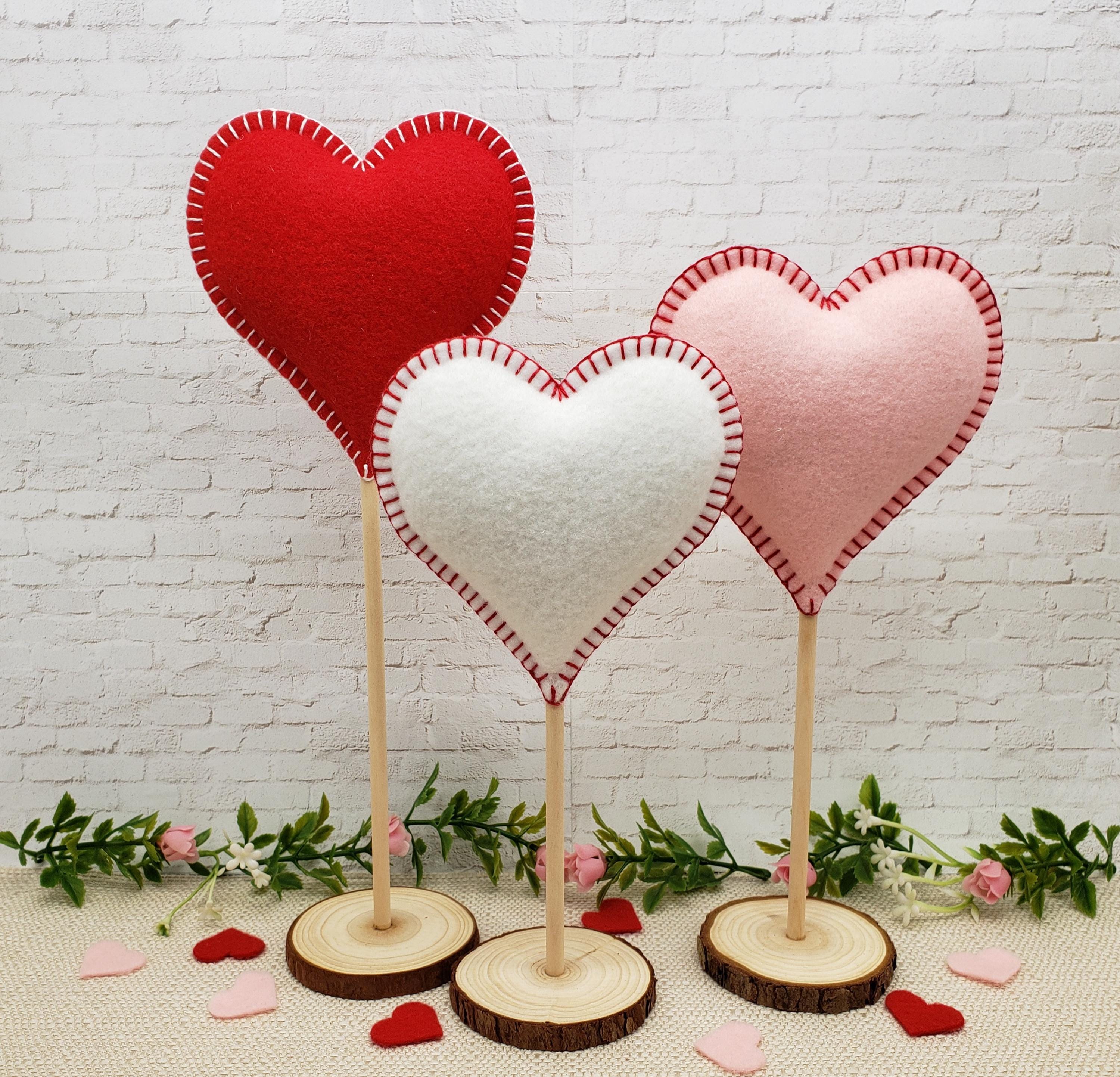 Valentines Day Decor, 3 Tall Standing Red White and Pink Felt