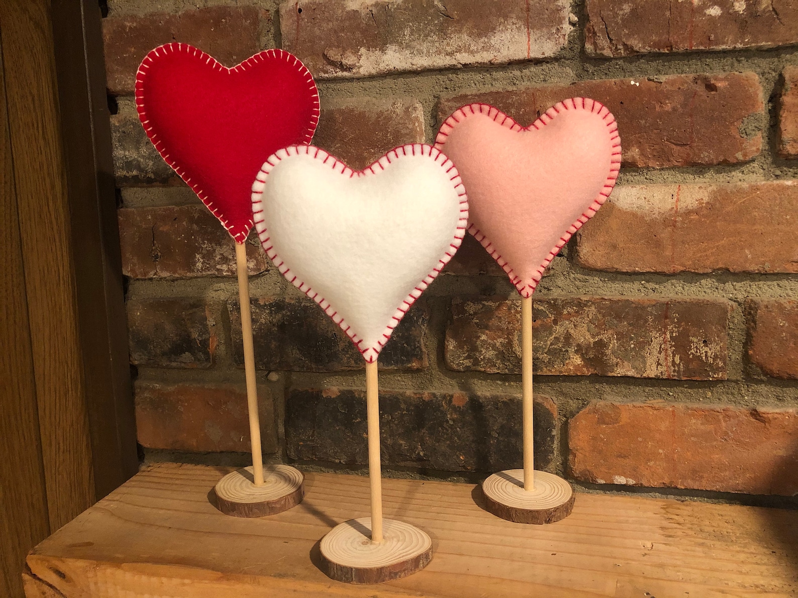 3 Tall Standing Red White and Pink Heart Felt Set