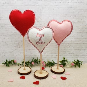 Set of 3 Tall Standing Red White and Pink Felt Hearts, Hugs and Kisses Heart, Valentines Home Shelf Desk Mantel Decor