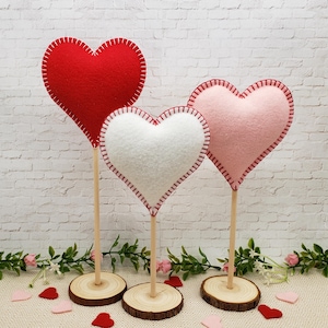 Valentines Day Decor, 3 Tall Standing Red White and Pink Felt Hearts Set, Shelf Desk Home Decor