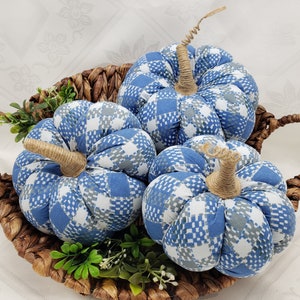 Set of 3 Large Blue Fabric Pumpkins – Fall Farmhouse Country Decor, Thanksgiving Centerpiece