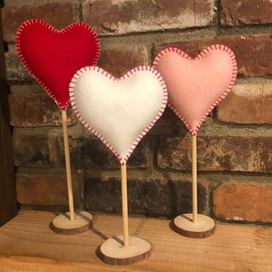 Valentines Day Decor, 3 Tall Standing Red White and Pink Heart Felt Set, Heart Ornaments, Valentines Shelf, Desk, Home Decor