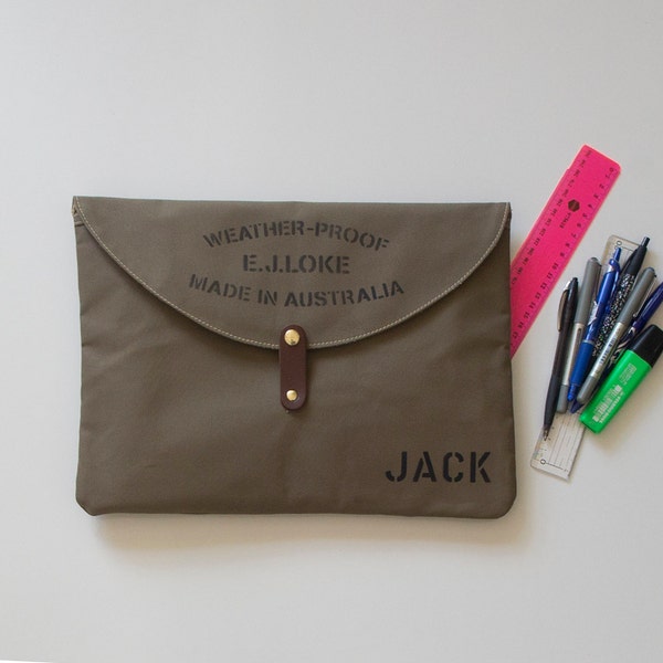 Personalised canvas document case  - laptop case - Folio. Handmade in Australia from heavy waxed canvas . Personalised with initials or name