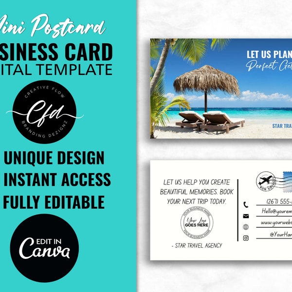 Editable Mini Postcard Business Card, DIY Mini Postcard Business Card Template, PostCard Design Business Card, Canva Postcard Business Card