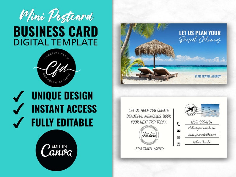 Editable Mini Postcard Business Card, DIY Mini Postcard Business Card Template, PostCard Design Business Card, Canva Postcard Business Card image 1