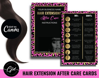 Pink and Black Cheetah Print Hair Care Cards, DIY Hair Extension After Care Cards, Editable Hair Bundle After Care Cards, Hair Care Cards