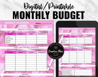 Pink Money Digital Monthly Budget Template, Cute Monthly Expense Tracker, Monthly Finance Planner, Printable Monthly Paycheck Manager