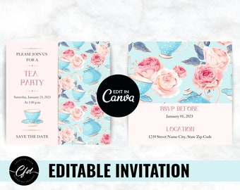 Editable Tea Party Invitation Template, DIY Tea Party Invitations, Customizable Event Invitations, Tea Party Invitation, Canva Invitation