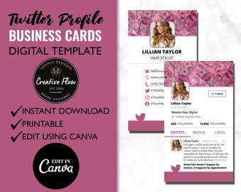 Twitter Profile Business Card Template, Twitter Profile Business Card Design, Social Media Profile Business Cards, Printable Business Cards