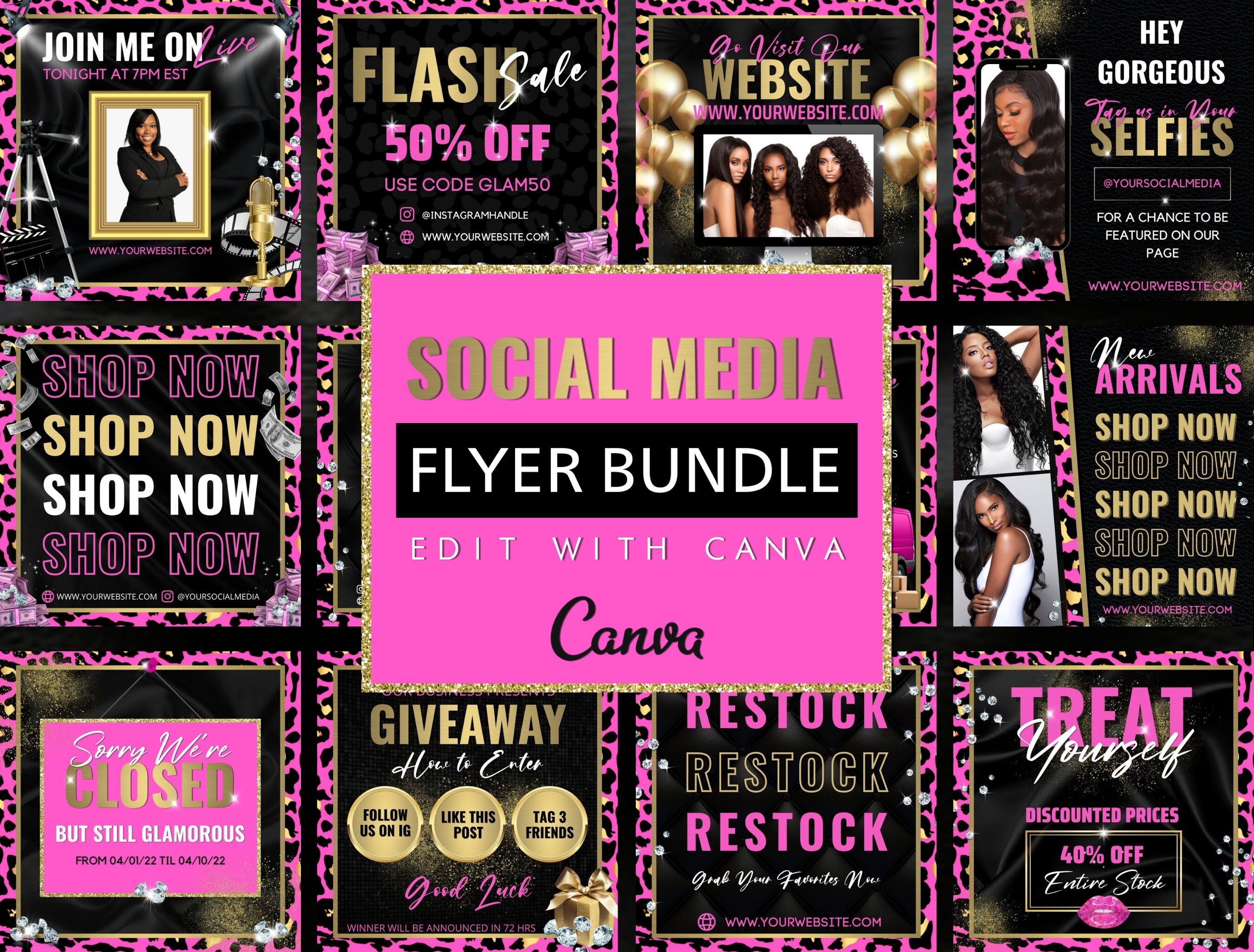 Pink Cheetah Social Media Flyer Bundle, Instagram Flyer Bundle, DIY Hair Flyer Bundle, Editable Social Media Posts, Canva Flyer Bundle