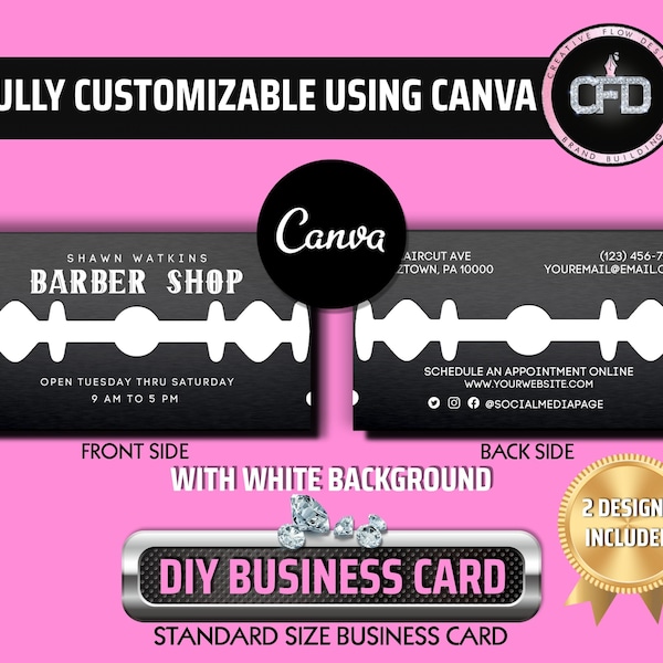 Editable Black Metal Faux Razor Blade Business Card, Barber Razer Business Card, Barber Shop Business Card, Barber Business Card,