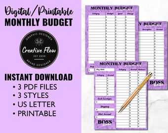 Purple Money Printable Monthly Budget Template, Monthly Expense Tracker, Printable Monthly Budget, Cute Financial Planner, Monthly Budget