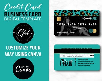 Cheetah Print Credit Card Business Card Design, Credit Card Business Card, Hair Business Card, Stylist Business Card, Canva Business Card