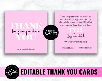 Editable Square Thank You Cards Template, DIY Square Shaped Thank You Cards, Cute Thank You Cards, Customizable Canva Thank You Cards