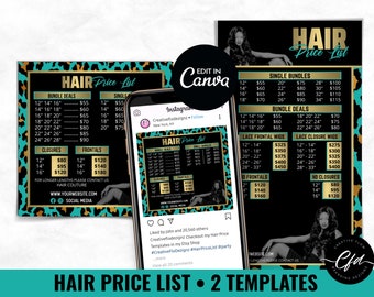 DIY Cheetah Print Hair Price List Flyer Bundle, Editable Hair Price List Flyer Templates, Canva Price List Social Media Flyers, Price Lists