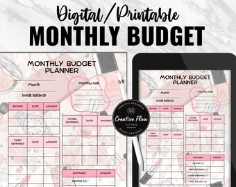 Cute Digital Monthly Budget Template, Cute Monthly Expense Tracker, Monthly Finance Planner, Printable Monthly Paycheck Manager