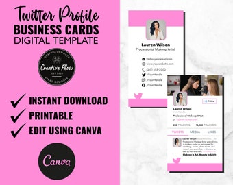 Pink Twitter Profile Business Card Template, Twitter Profile Business Cardss, Social Media Page Business Cards, Printable Business Card