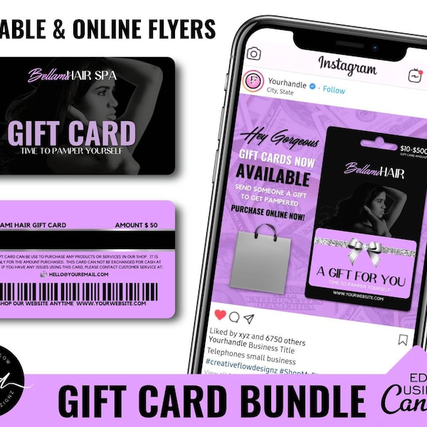Purple and Black Editable Gift Card Bundle, Printable Gift Cards, Social Media Gift Card Flyers, DIY Business Gift Cards, Canva Gift Cards