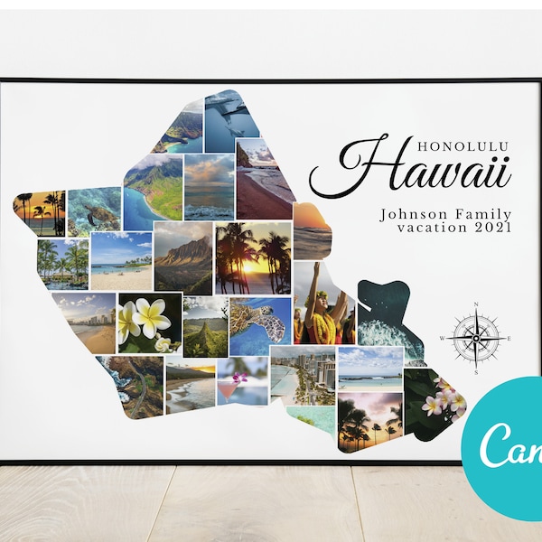 Hawaii Custom Photo Collage Gift, Oahu Vacation Collage Holiday Gift Poster Print