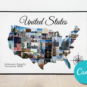 États-Unis Carte des États-Unis Personnalisée Photo Collage Cadeau Anniversaire de Mariage, Amérique Vacances Editable Collage Photo Cadeau
