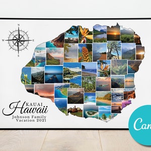 Mapa Hawajów i Kauai Spersonalizowany niestandardowy kolaż zdjęć Prezent rocznicowy, wakacje Kauai na Hawajach Edytowalny kolaż zdjęć Prezent