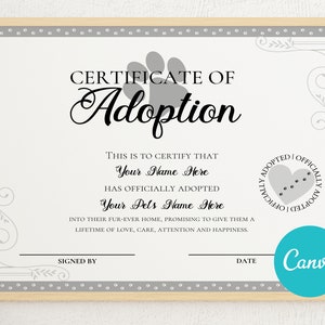 Editable Cat Dog Pet Adoption Certificate, Adopt An Animal, Printable Certificate, Gotcha Day Certificate