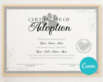 Editable Cat Dog Pet Adoption Certificate, Adopt An Animal, Printable Certificate, Gotcha Day Certificate