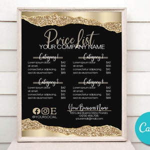 Gold Black Editable Price List Template, Custom Salon Bakery Price List Template, Menu Template Price Sheet, Printable Menu Price Template