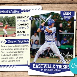 Modello di carta sportiva giocatore di baseball modificabile personalizzato, modello di carta collezionabile di statistiche della Little League per principianti Giocatore di baseball, modello di carta sportiva