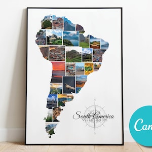 Carte de l'Amérique du Sud personnalisée Collage photo personnalisé, cadeau d'anniversaire de mariage, cadeau photo modifiable pour les vacances de l'Amérique du Sud, Brésil