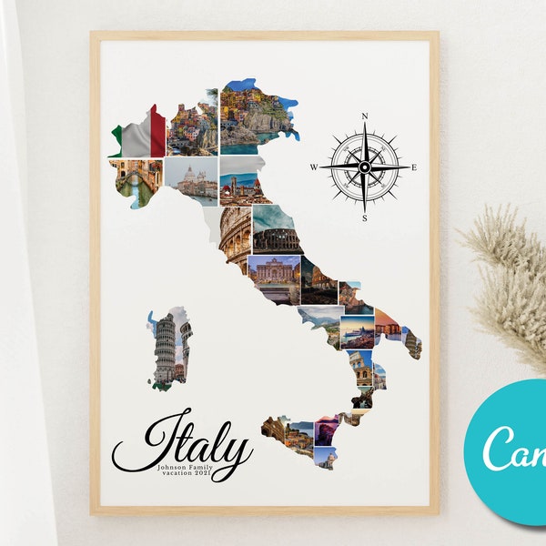 Italy Custom Photo Collage Map Gift Honeymoon Wedding Art, Italy Vacation Collage Holiday Gift Poster Print