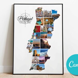 Affiche de collage de photos de voyage de carte du Portugal, cadeau d'anniversaire de mariage, cadeau photo modifiable de collage de vacances au Portugal