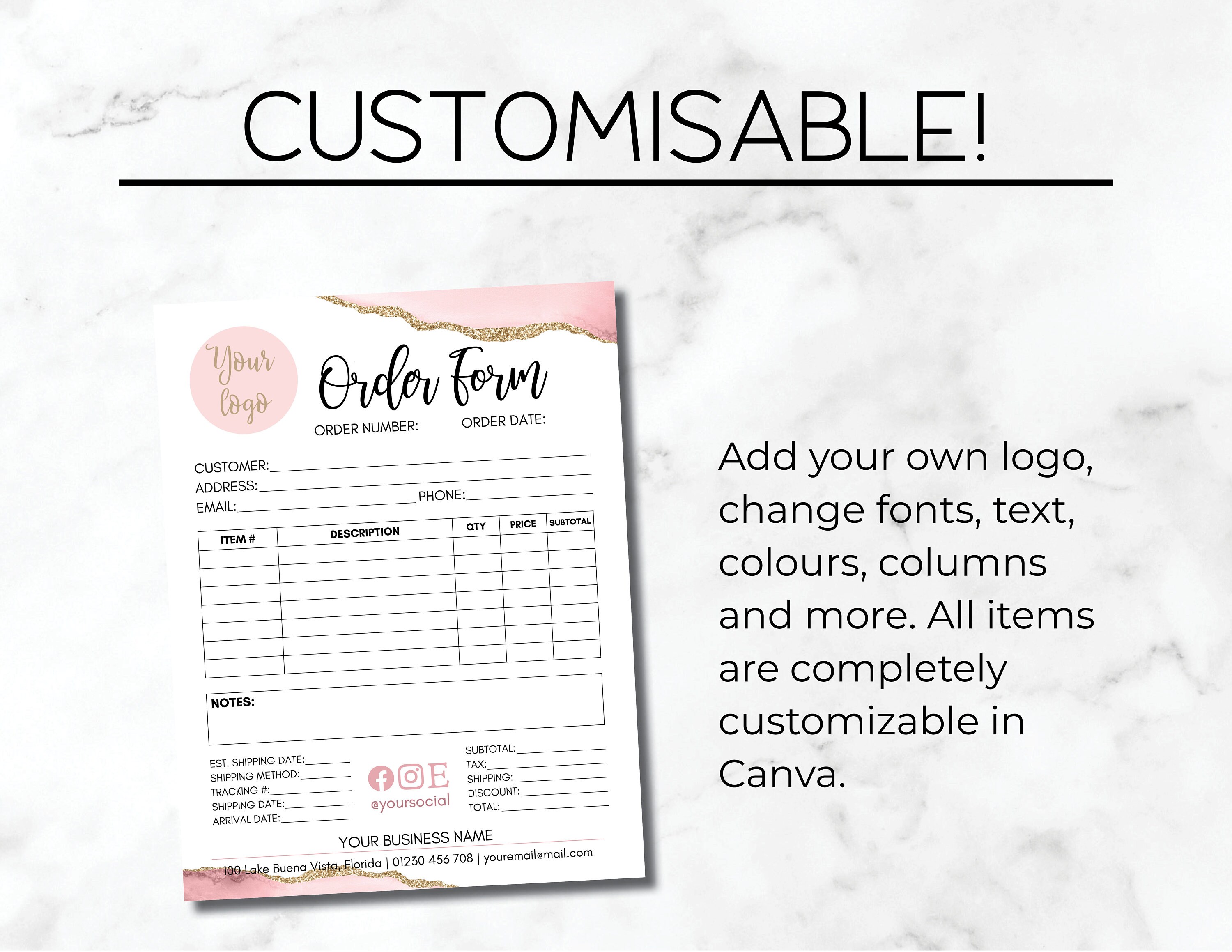 Pink Editable Order Form Custom Template, Printable Purchase Order Form ...