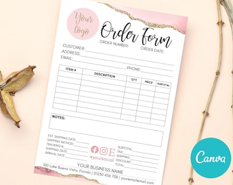 Pink Editable Order Form Custom Template, Printable Purchase Order Form, Printable Invoice Custom Template