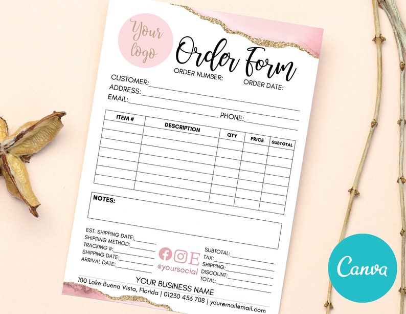 Pink Editable Order Form Custom Template, Printable Purchase Order Form ...