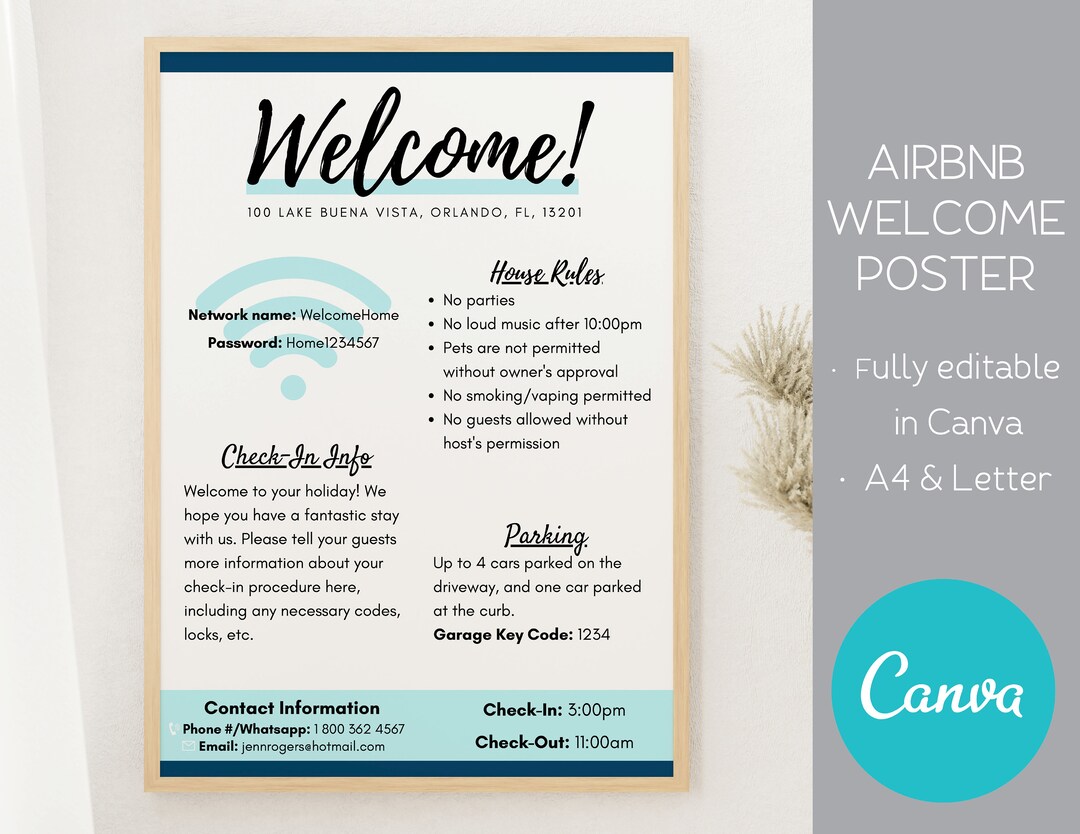 Airbnb Sign Template, Airbnb Poster Editable Host Info