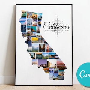 Carte de la Californie, collage photo, modèle personnalisé, impression d'art, mariage, cadeau photo modifiable pour les vacances de la Californie aux États-Unis