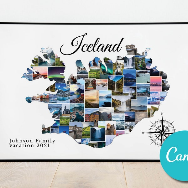 Iceland Map Personalized Custom Photo Collage Wedding Anniversary Gift, Iceland Vacation Editable Collage Photo Gift