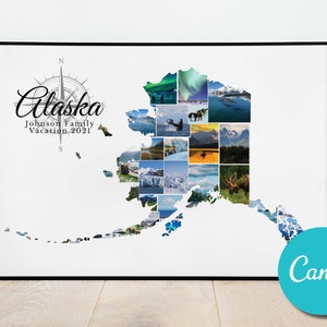 Carte de l’Alaska personnalisée, collage de photos personnalisé, cadeau d’anniversaire de mariage, cadeau de photo de collage modifiable de vacances de l’Alaska aux États-Unis