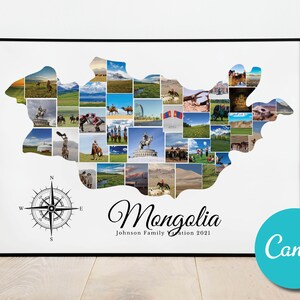 Carte de la Mongolie, cadeau d'anniversaire de collage photo personnalisé, cadeau photo modifiable pour les vacances de la Mongolie