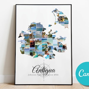 Antigua Map Travel Photo Collage Poster Wedding Anniversary Gift, Antigua Caribbean Vacation Editable Collage Photo Gift