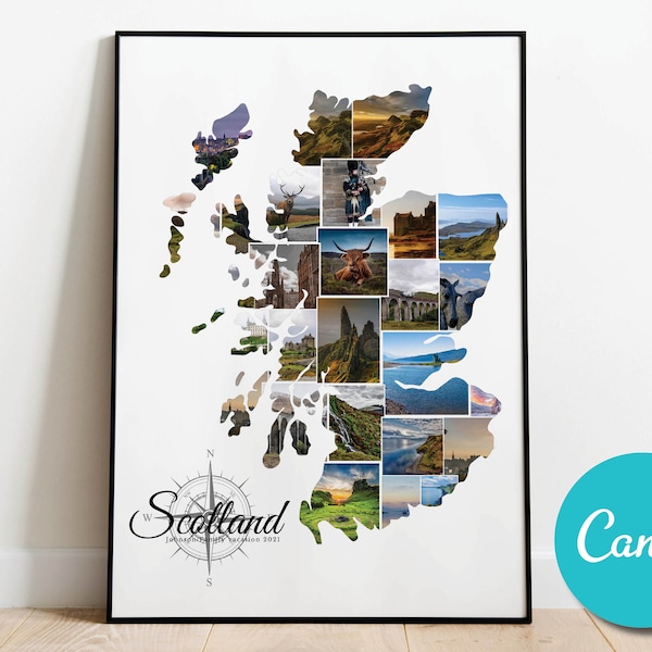 Schotland kaart reizen foto collage poster cadeau kunst huwelijksverjaardag cadeau, Schotland Verenigd Koninkrijk vakantie bewerkbare collage foto cadeau