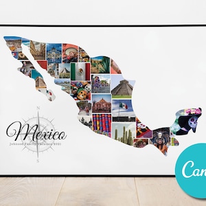 Carte du Mexique, cadeau d'anniversaire de collage photo personnalisé, cadeau photo modifiable de vacances au Mexique