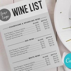 Edytowalny szablon menu baru winnego z napojami, lista szablonów, szablon menu biznesowego wina, edytowalny szablon menu żywności, szablon menu kawiarni DIY do wydrukowania