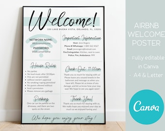 Airbnb Welcome Poster Template Sign, Airbnb Poster Editable Host Info Instructions